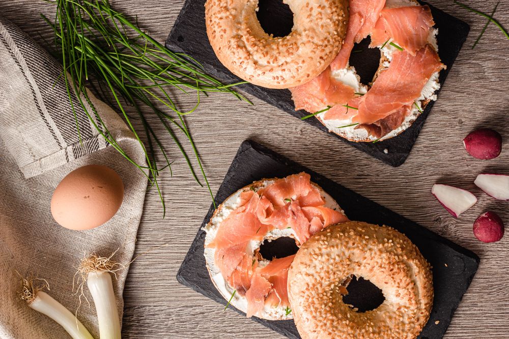 Smoked salmon and cream cheese bagels